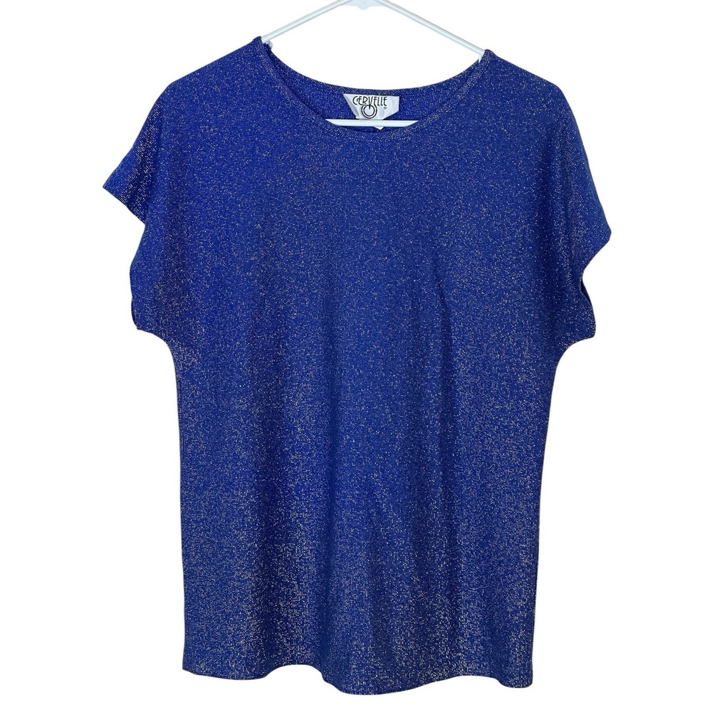 Vtg Cervelle Metallic Blue Top Blouse 70s 80s 90s Retro  Discotheque MEDIUM M